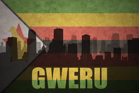 abstract silhouette of the city with text Gweru at the vintage zimbabwean flag