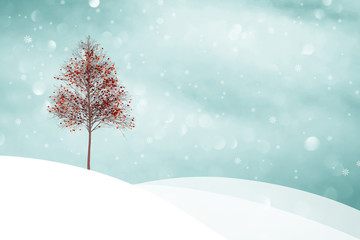 Beautiful snowy winter landscape with orange red colored autumn tree leaves illustration background.