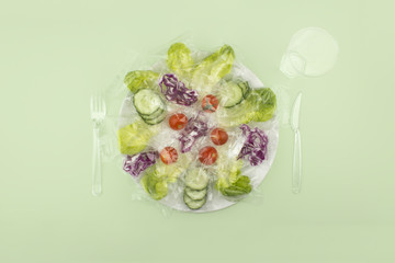 Exceso de envases representado a través de una ensalada con cada uno de sus ingredientes envasado...