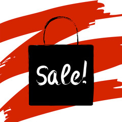 Sale shopping bags with inscription vector illustration. Red brush stroke background.