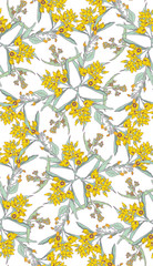 Seamless pattern with wildflowers. Round kaleidoscope of flowers and floral elements