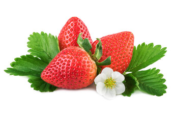 strawberries organic strawberry with green leaf on white