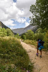Fototapeta na wymiar Girl with backpack and walking sticks strolling down a mountain