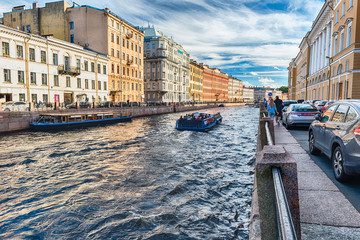 Scenic view over Moyka River embankment, St. Petersburg, Russia