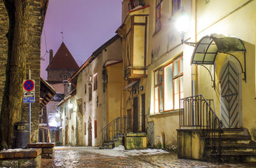 Fototapeta na wymiar Scenic view of the evening street in the Old Town in Tallinn, Estonia