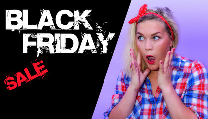 Black friday text next to surprished shocked retro styled woman