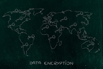 world map with keys, concept of encryption & cryptography