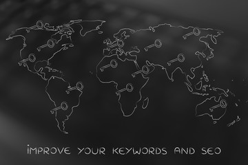 world map with keys, concept of online content keywords