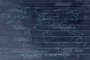 world map with keys, concept of online content keywords