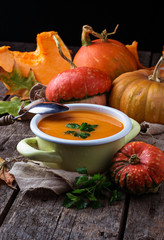 Vegetarian pumpkin soup in pan