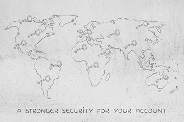 world map with keys, concept of passwords & connection security