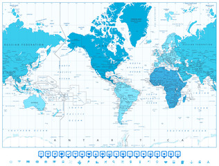 World map continents in colors of blue America in center and nav