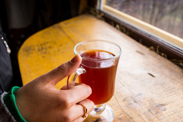woman holding a cup of tea, warming tea, Carpathians, mountains,hot tea