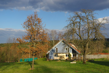 German rural landscape with wooden house near Black Forest Baden Wuertemberg, Schoemberg in Germany
