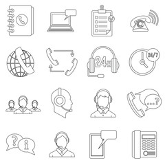 Call center symbols icons set. Outline illustration of 16 call center symbols vector icons for web