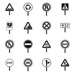 Different road signs icons set. Simple illustration of 16 different road signs vector icons for web