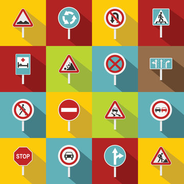 Different road signs icons set. Flat illustration of 16 different road signs vector icons for web