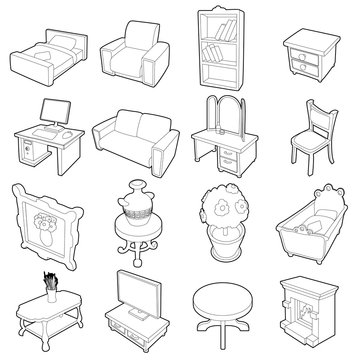 Different furniture icons set. Outline cartoon illustration of 16 different furniture vector icons for web