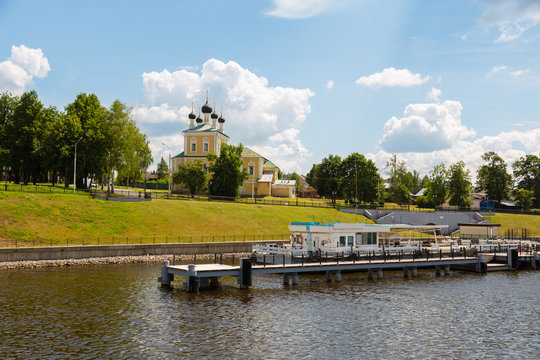 Embankment of ancient city of Uglich of the river Volga, Russia