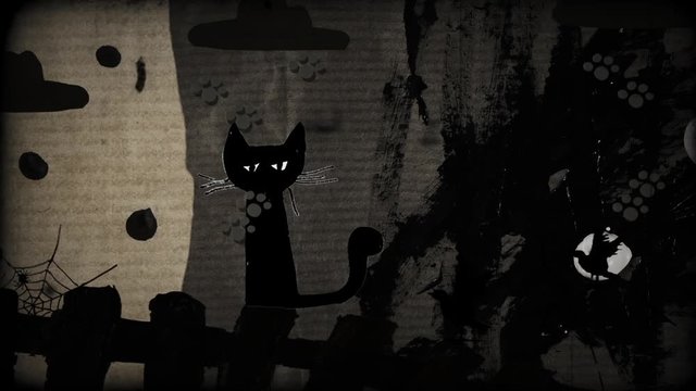 Black Cats and Cats' Traces Haloween Funny Scarecrow Horror Stories Spiders on a Spiderweb Old Funny Cartoon Made up of Plasticine and Paper Animation