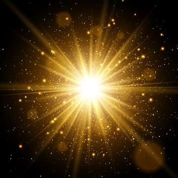 Light effect. Star burst with sparkles. Gold glitter texture