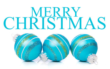Blue Christmas Ornaments on white background with 