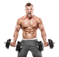Muscular bodybuilder guy doing exercises with dumbbell - obrazy, fototapety, plakaty