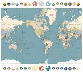 World Map old colors illustration with round flat icons and globe