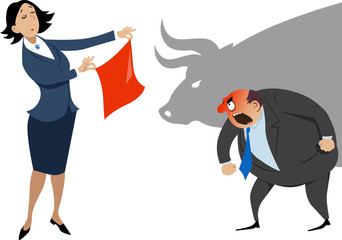 Businesswoman showing a red handkerchief to an enraged businessman, a shadow of a bull on the background, EPS 8 vector illustration, no transparencies 