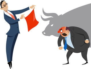 Businessman showing a red handkerchief to an enraged colleague, a shadow of a bull on the background, EPS 8 vector illustration, no transparencies 