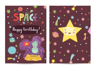 Happy birthday cartoon greeting card on space theme. Cute smiling star in cosmos, green friendly alien with flag, stars, planets and comets on brown background. Invitation on childrens costumed party