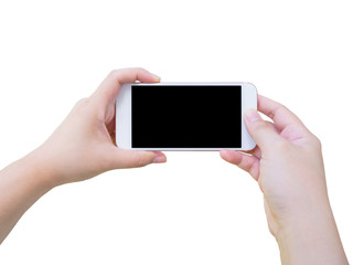 Hand holding smart phone isolated on white background