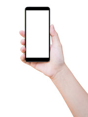 Hand holding smart phone isolated on white background