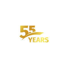 Isolated abstract golden 55th anniversary logo on white background. 55 number logotype. Fifty-five years jubilee celebration icon. Birthday emblem. Vector illustration.