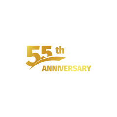 Isolated abstract golden 55th anniversary logo on white background. 55 number logotype. Fifty-five years jubilee celebration icon. Birthday emblem. Vector illustration.