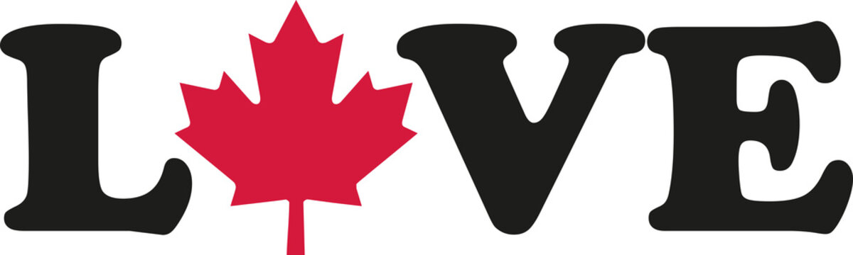 Love word with Canadian maple leaf