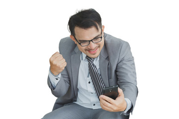 Businessman happy smiling, wearing suit and using modern smartph