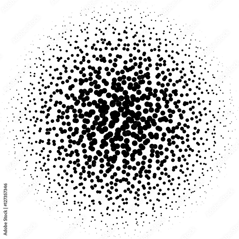 Poster chaotic pointillist (half-tone) circle pattern. random dots.