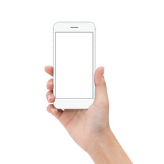 close up hand hold phone isolated on white, mock-ups phone white