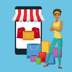 Smartphone girl and bags icon. Shopping commerce market buy and payment theme. Colorful design. Vector illustration