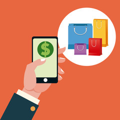 Smartphone and bags icon. Shopping commerce market buy and payment theme. Colorful design. Vector illustration