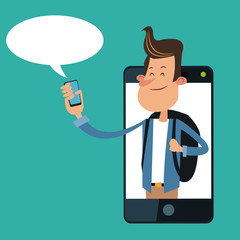 Cartoon boy with smartphone icon. Mobile lifestyle technology and communication theme. Colorful design. Vector illustration