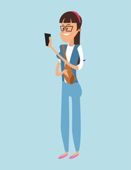 Cartoon girl with smartphone icon. Mobile lifestyle technology and communication theme. Colorful design. Vector illustration