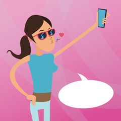 Cartoon girl with smartphone icon. Mobile lifestyle technology and communication theme. Colorful design. Vector illustration