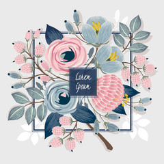 Vector illustration of a beautiful floral bouquet with blue frame. Light gray background