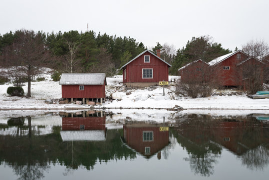 Red huts in Finnish archipelago