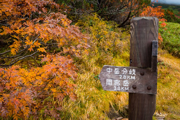 Signpost in Daisetsuzan National Park, Hokkaido, Japan, showing  distances to Nakadake, 2.8km, and  Mamiyadake 3.8km