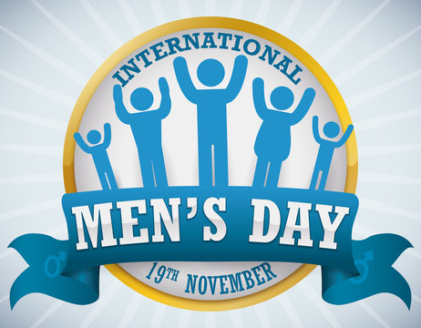 Golden Round Button with Male Pictograms Commemorating International Men's Day, Vector Illustration