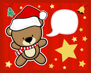 vector image for christmas card with baby teddy bear with santa's hat, text ballon for your message and other xmas theme elements