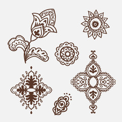 Mhendi. Henna tattoo doodle vector elements on white background